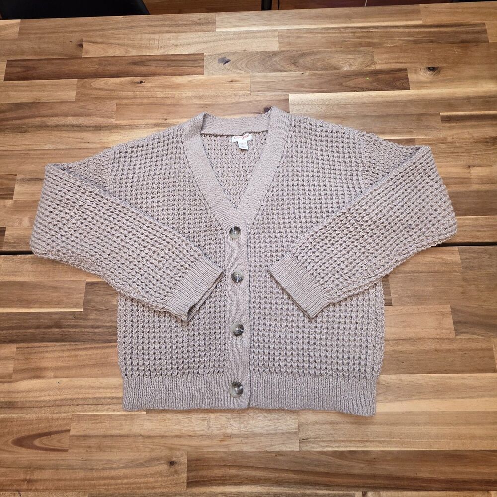 Cat & Jack Girls L 10/12 Taupe Waffle Knit Button Front Cardigan Sweater